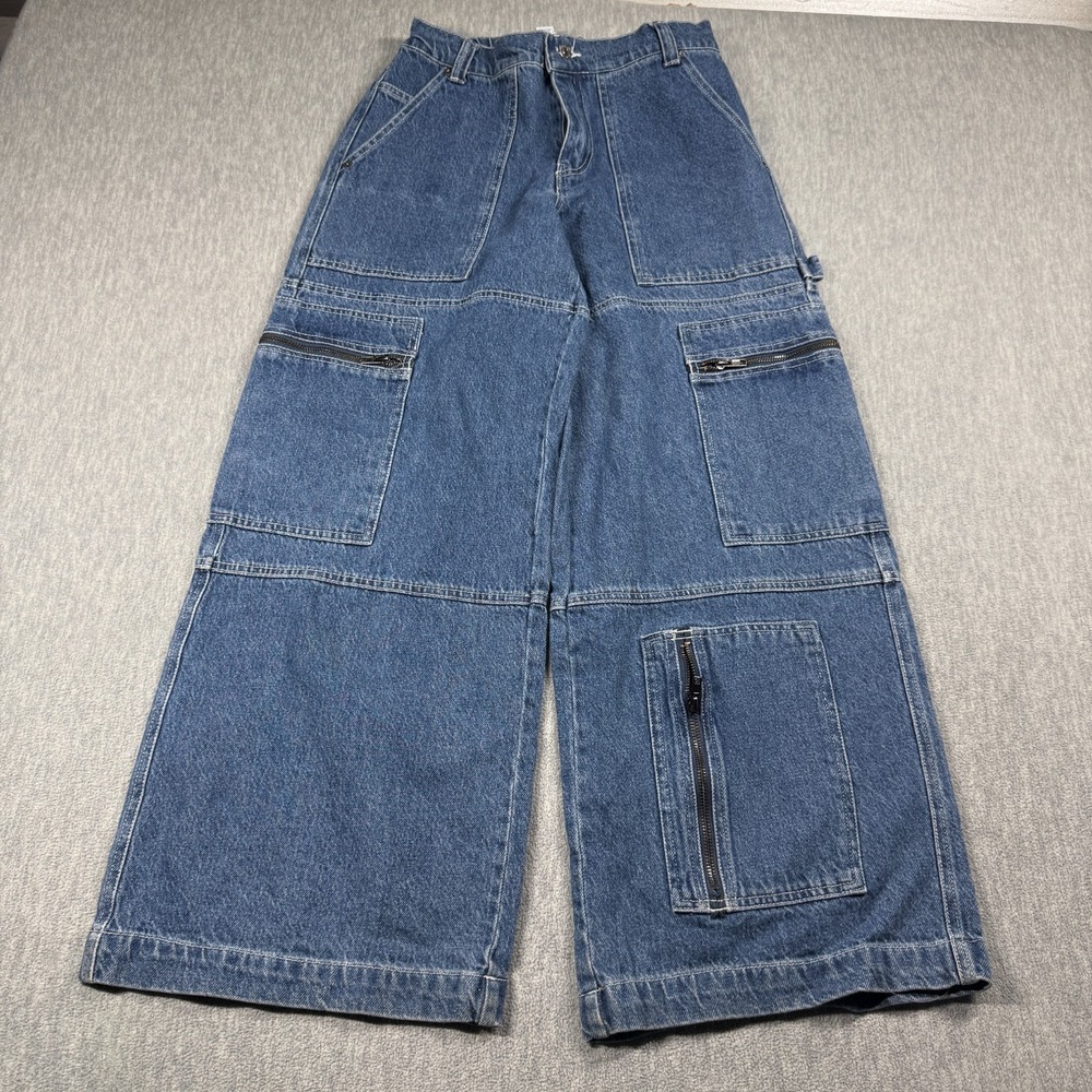 Forever 21 Jeans Womens S Blue Wide Leg Zip Cargo Pockets High Rise Denim Skater